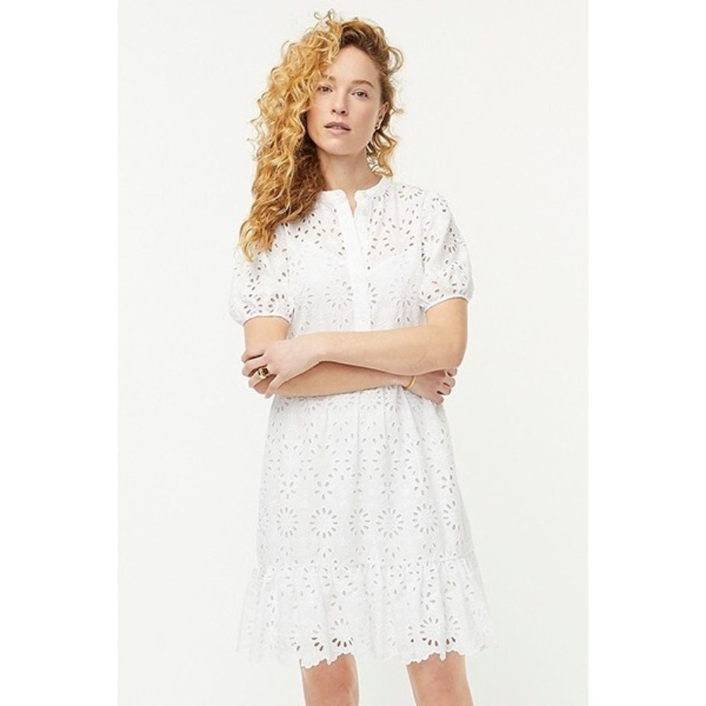J. Crew‎ Dress White Puff-sleeve Eyelet White Size 12 Lined Preppy Cottage AW796